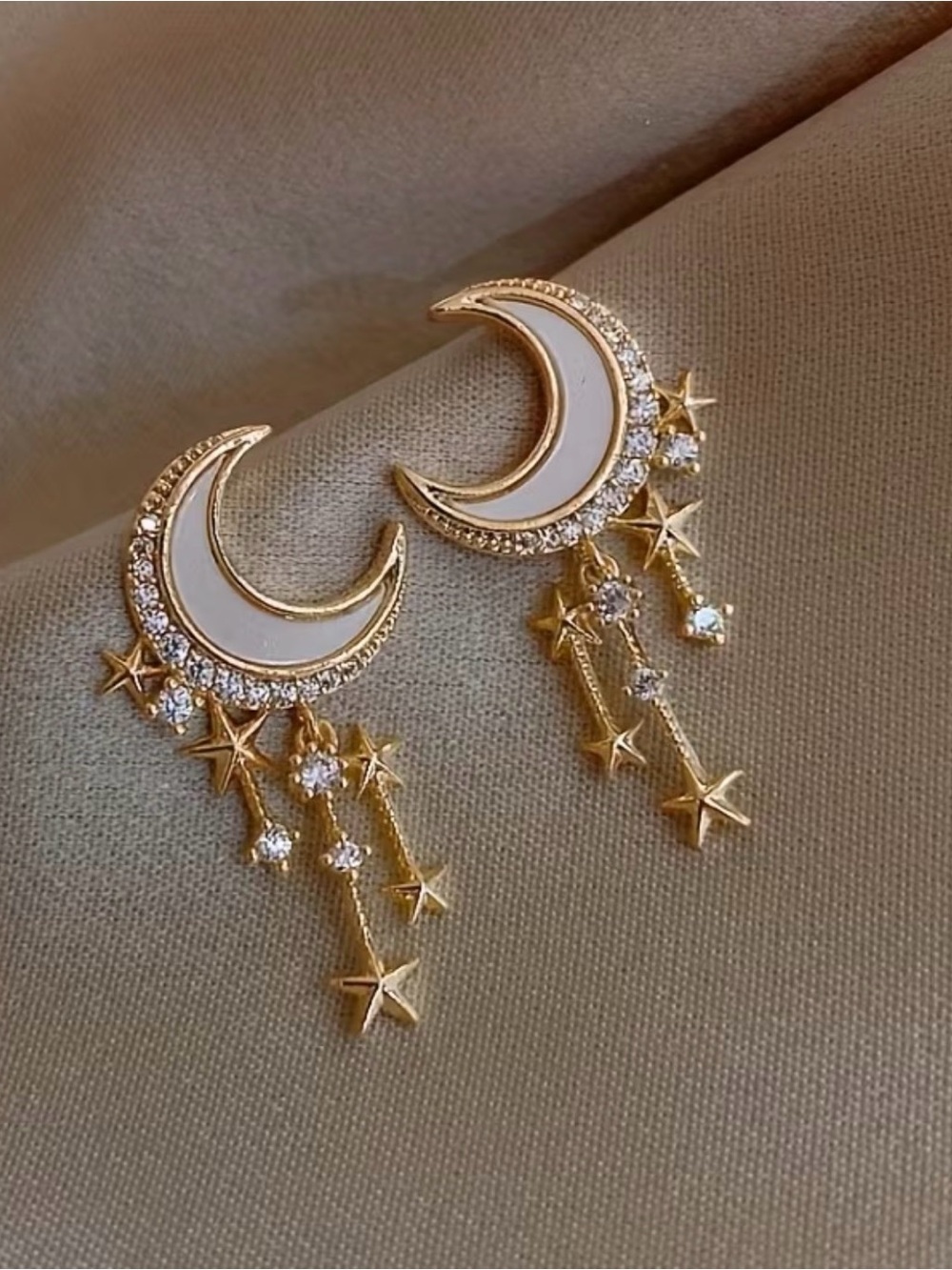 Fashion Jewelry Gold Moon & White Star Drop Earrings